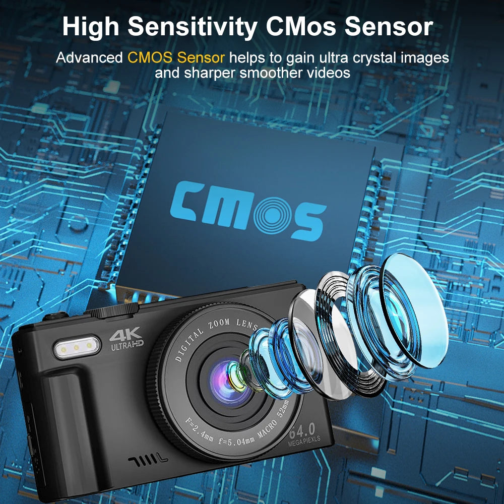4K 64MP UHD Camera 18X Digital Zoom 180° Flip Screen Vlogging Camera for YouTube