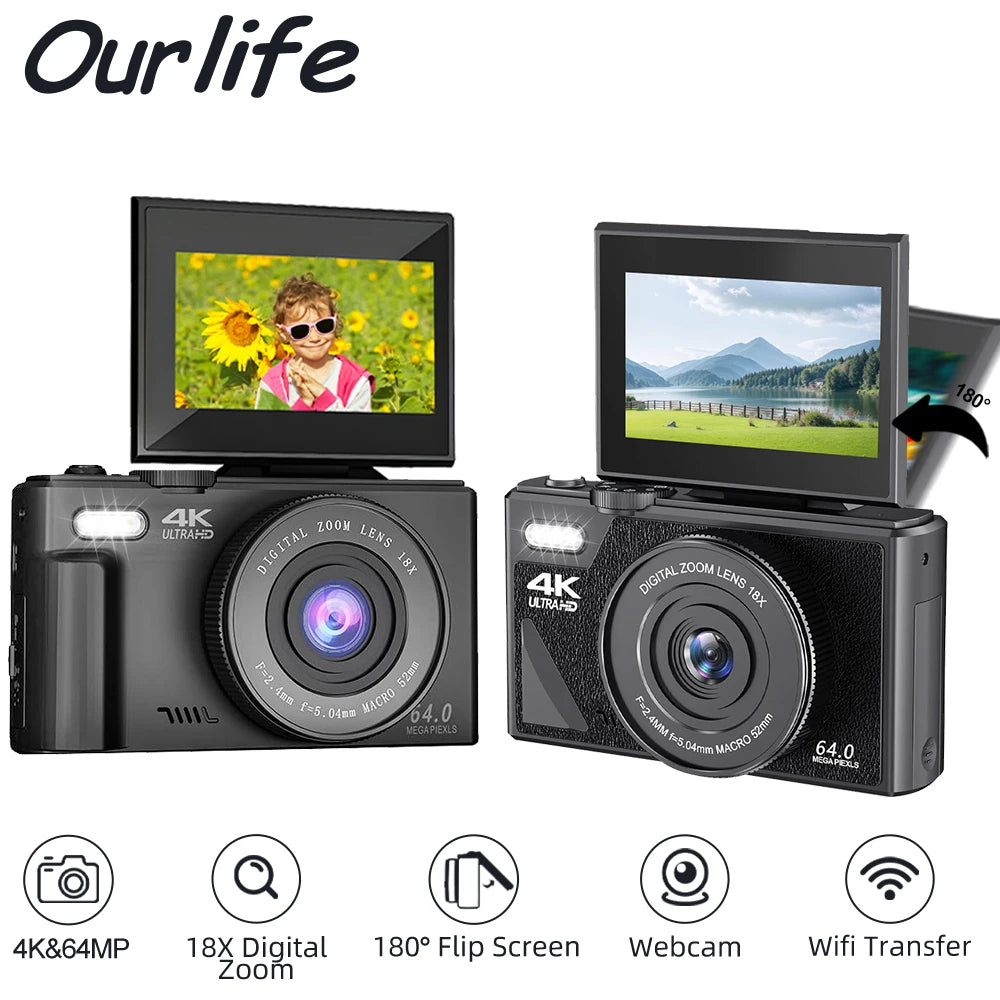 4K 64MP UHD Camera 18X Digital Zoom 180° Flip Screen Vlogging Camera for YouTube