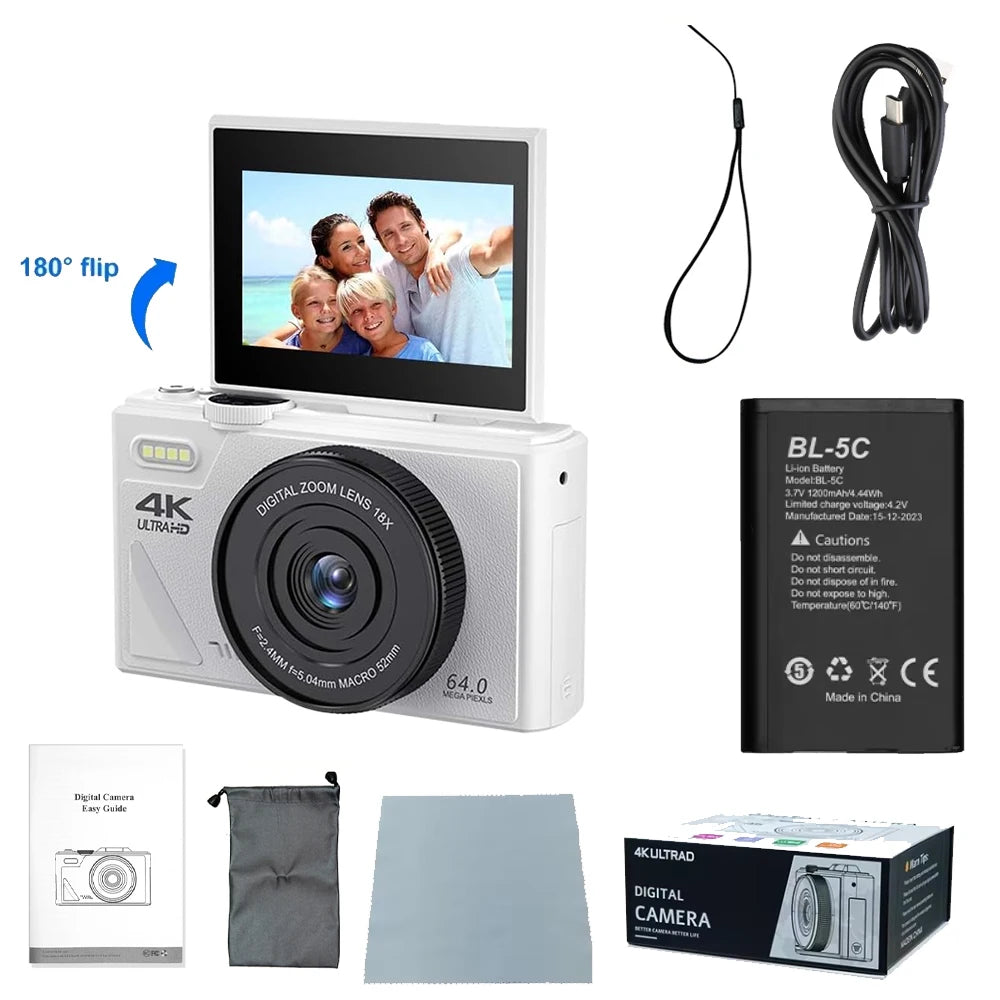 4K 64MP UHD Camera 18X Digital Zoom 180° Flip Screen Vlogging Camera for YouTube