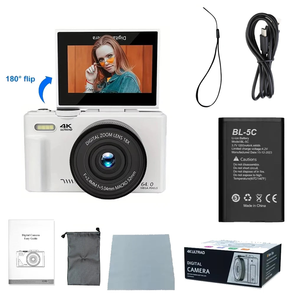 4K 64MP UHD Camera 18X Digital Zoom 180° Flip Screen Vlogging Camera for YouTube