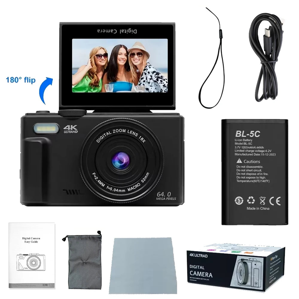 4K 64MP UHD Camera 18X Digital Zoom 180° Flip Screen Vlogging Camera for YouTube