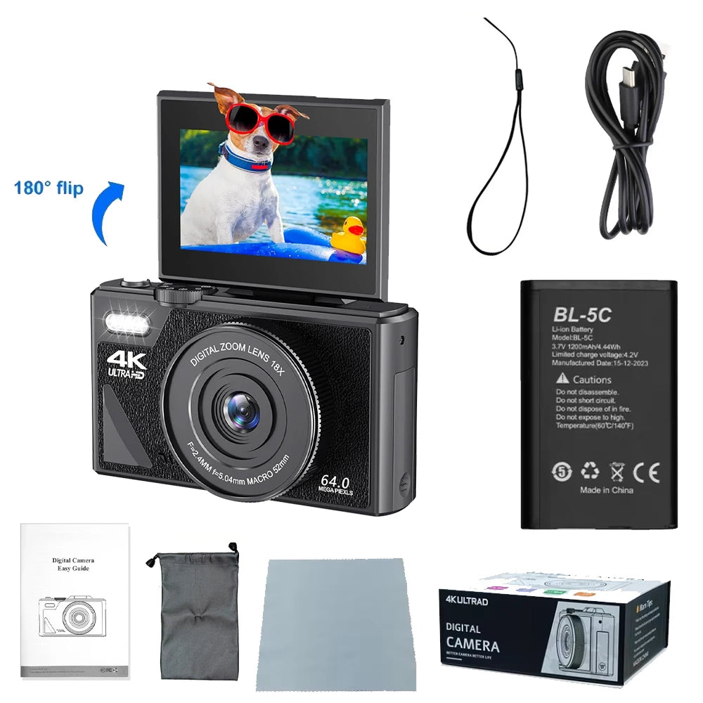 4K 64MP UHD Camera 18X Digital Zoom 180° Flip Screen Vlogging Camera for YouTube